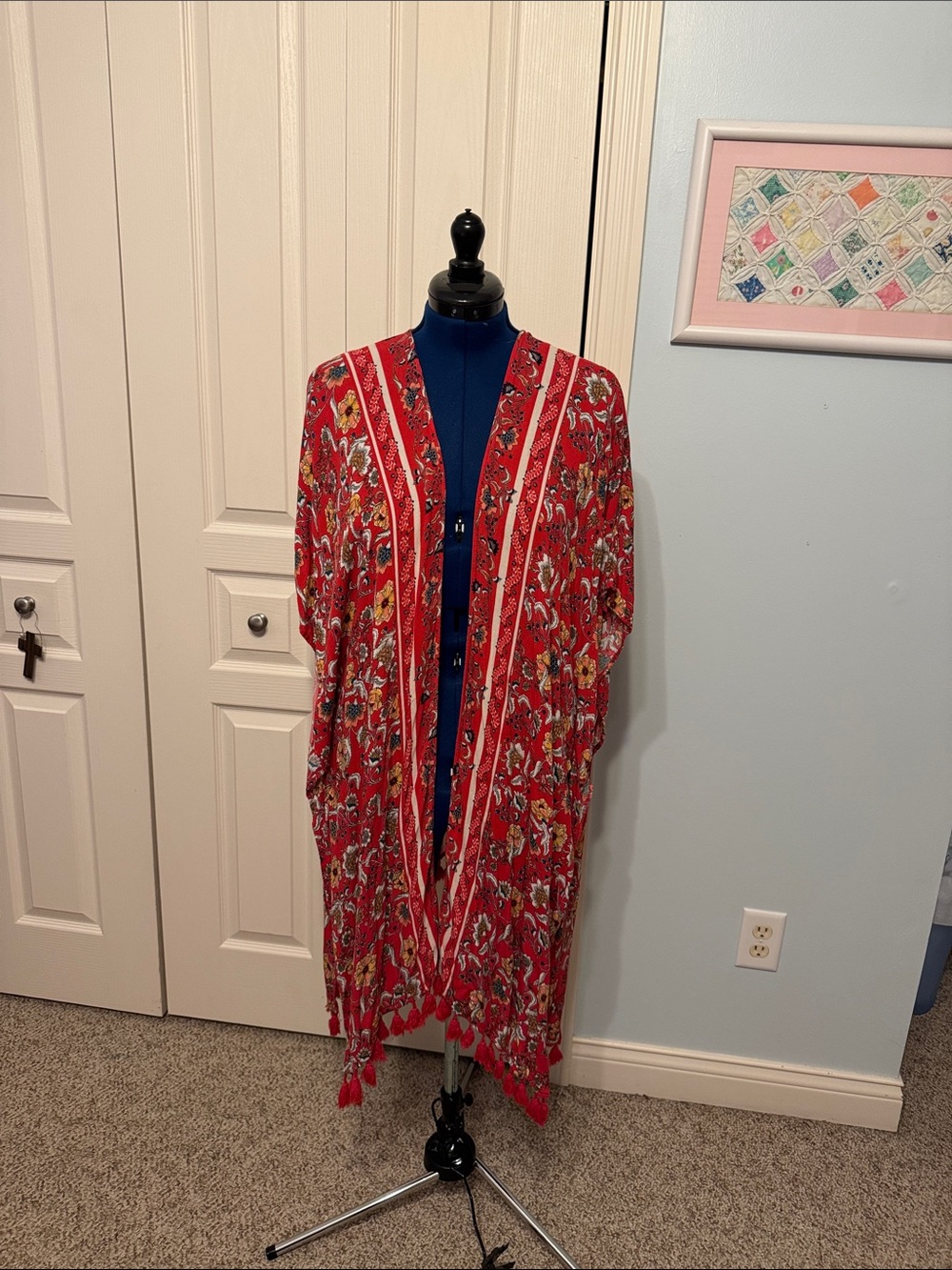 Red Floral Open-Front Kimono Jacket